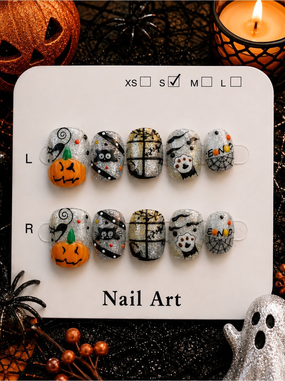 🎃 Halloween Glitter Press-On Nails – Size Small 👻🕷️